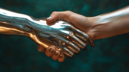 Poster - A human and a metallic hand clasp in a display of connection between organic and artificial forms during dusk.
