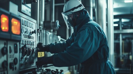 Poster - Industrial worker in protective gear monitors control panel in a high-tech gas facility for safety and efficiency