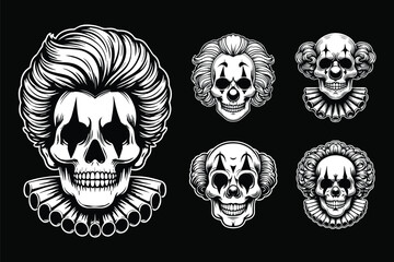 Wall Mural - Dark Art Clown Creepy Face Skull Head Black and White Illustration