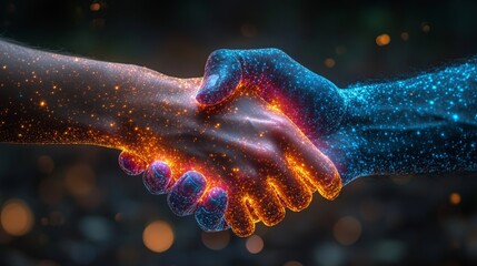 Poster - A human hand and a glowing robotic hand clasp in a vibrant swirl of cosmic colors, representing the fusion of technology and human connection.