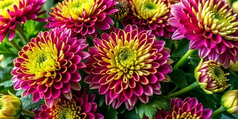 Wall Mural - Vibrant yellow and pink Chrysanthemum blooms with delicate petals and golden centers are beautifully arranged in a stunning floral composition on a soft white background.