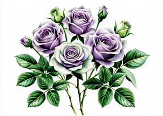 Wall Mural - Exquisite, delicate, purple roses with soft petals and green stems, beautifully illustrated in watercolor, isolated on a clean white background, perfect for romance and elegance.