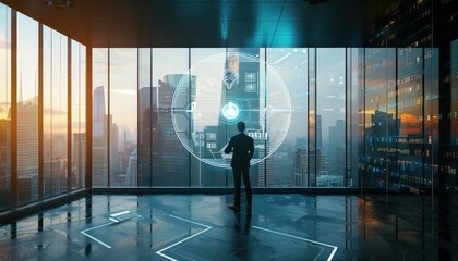 An entrepreneur stands in a sleek, modern office with a panoramic city skyline view. An AI hologram presents innovative business models and strategies on a large digital screen. The office is stylish