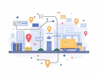 Poster - Detailed flat design showcasing a comprehensive digital tracking system for efficient supply chain management and logistics