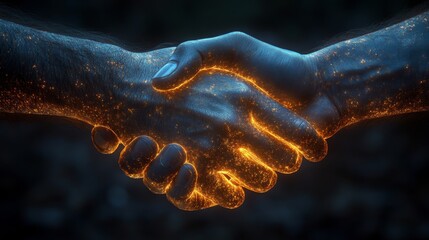 Poster - Two hands engage in a handshake illuminated by shimmering light, representing partnership and mutual understanding.