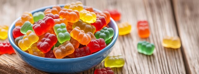 Wall Mural -  A blue bowl, brimming with gummy bears, rests atop a weathered wooden table Nearby, additional gummy bears reside