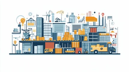 Fototapete - Optimizing Supply Chain Efficiency Through Logistics Management and Digital Transformation A Flat Design Showcasing the of Business Processes Data Analytics