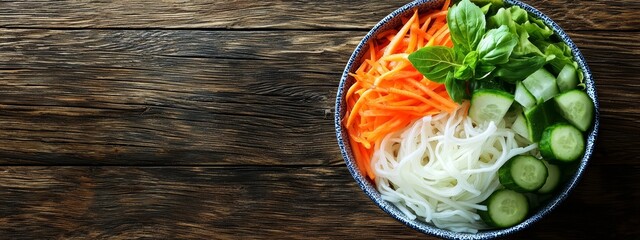 Wall Mural -  A tight shot of a wooden table displaying a bowl of vegetable-laden noodles The spoons rests near the edge, ready to be used