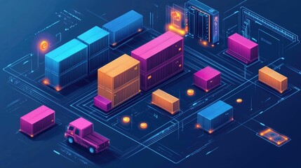 Fototapete - Blockchain technology optimizing supply chain logistics and traceability through a flat design Showcasing the digital network transparency