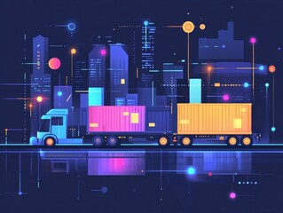 Poster - Flat design depicting supply chain collaborative logistics tracking system with data visualization optimization and digitization elements for efficient distribution and transportation management