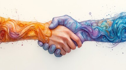 Poster - Hands in vibrant hues of orange and violet come together in a handshake, representing harmony and partnership in an artistic way.