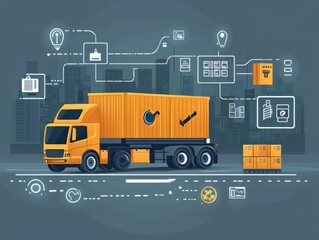 Poster - Flat design showcasing the concept of logistics and smart sensors for supply chain tracking  The image depicts various elements related to supply chain management including data analytics