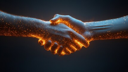 Poster - Two hands meet in a glowing handshake, representing unity and collaboration against a dark background filled with shimmering particles.