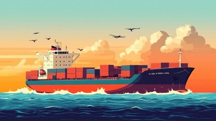 Poster - Detailed showcasing the coordinated logistics of ocean freight shipment cargo containers port infrastructure and transportation equipment in a flat design style