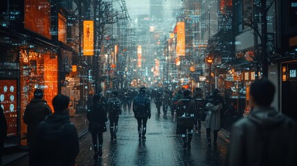 crowded city street with ar overlay showing facial recognition data futuristic interface big data visualization privacy concept