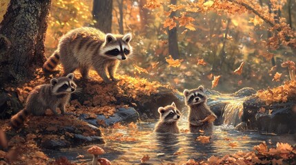 Wall Mural - Raccoons Playing in Autumn Creek