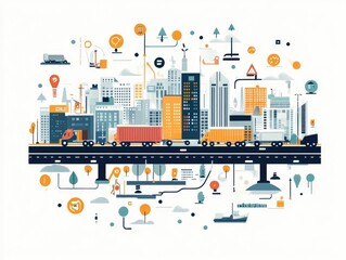 Poster - Logistics and Digital Mapping of Transport Routes Flat Design Showcasing Business Technology and Data Visualization for Efficient Supply Chain Management Delivery and Infrastructure Planning