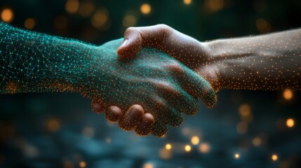 Poster - a human hand shakes with a digitally rendered hand made of glowing lines, symbolizing the fusion of 