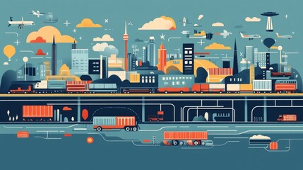 Poster - Centralized Transportation Network and Logistics Control System Flat Design Digital Technology Platform for Optimized Supply Chain Management Cargo Delivery and Distribution