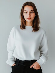 Poster - Girl dressed in white mock up blank sweatshirt on studio background. Clothing template for branding