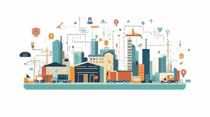 Poster - Efficient Logistics Network with Interconnected Warehouses and Transport Links Flat Design Showcasing the Flow of Goods Data Analytics and Supply Chain Management