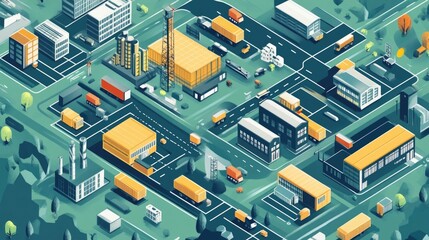 Poster - Detailed flat design showcasing an efficient logistics network with a interconnected system of warehouses transport links and distribution hubs for seamless supply chain and cargo delivery