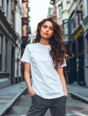 Wall Mural - Young fashionable woman in white cotton casual oversized t-shirt posing on city street background, minimalist urban clothing style, mockup for print shop