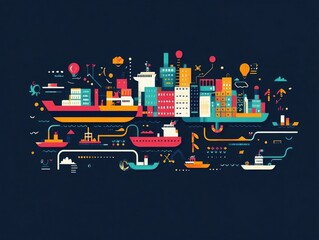 Poster - Flat design showcasing a comprehensive logistics network of shipping routes distribution hubs and transportation modes for efficient global supply chain management