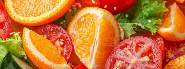 Wall Mural -  A tight shot of sliced oranges and lettuce atop a bed of tomato and lettuce slices