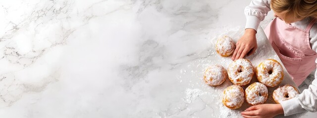  A woman towers over two piles of doughnuts on a marble countertop