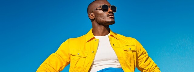 Wall Mural -  A man in a yellow jacket and sunglasses is standing before a blue sky He has his hands tucked into the pockets of his jacket