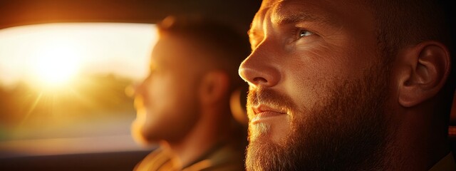  A tight shot of a person inside a car, sun looming large behind, figure of another person visible near