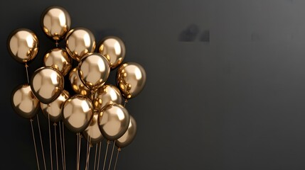 Gold balloons bunch on a black wall background. Horizontal banner.