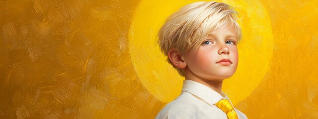 Wall Mural -  A young boy is depicted in a painting, dressed in a white shirt and accessorized with a yellow tie The background consists of a single large, yellow circular element