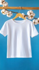 Wall Mural - A simple white t-shirt displayed on a wooden hanger against a vibrant blue background, complemented by cotton flowers.