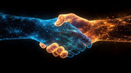 Poster - A visual representation of two hands intertwining, illuminated by vibrant blue and orange particles in a dark backdrop.