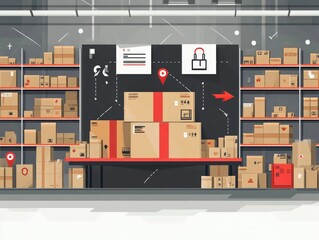 Poster - Efficient Inventory Distribution and Logistics Management Concepts Depicted in a Flat Design Showcasing Warehouse Chain Optimization and Technology Driven Logistics Solutions