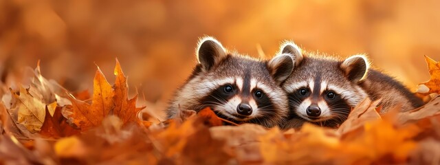 Wall Mural -  Two raccoons atop a leafy mound in a field