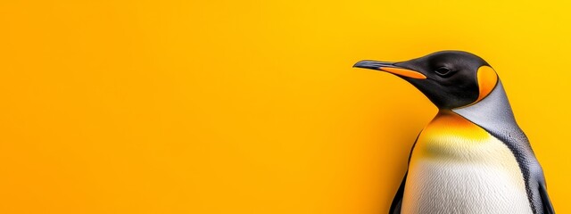 Poster -  A tight shot of a solitary penguin against a yellow backdrop A contrasting black-and-white penguin appears beside it on the right