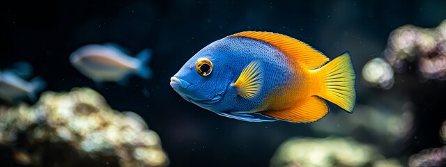 Wall Mural -  A tight shot of a blue-yellow fish in an aquarium, surrounded by various other fish in the water