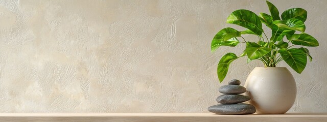 Sticker -  A potted plant atop a wooden table Nearby, a white vase holding rocks and a green plant