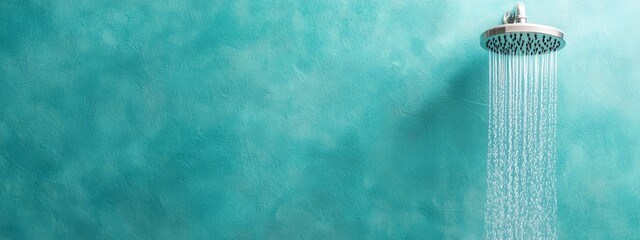 Poster -  A tight shot of a showerhead dispensing water against a blue background wall