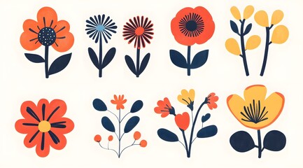 Wall Mural - Collection of stylized floral illustrations in red, yellow, and blue