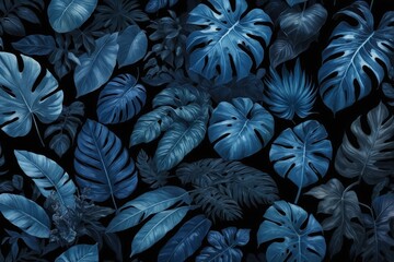 blue tropical leaves pattern on dark background