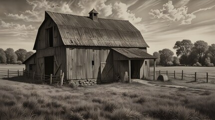 Pencil drawing of an old barn in a rural landscape.generative.ai