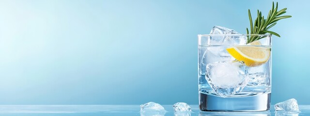 Wall Mural -  A glass of ice-cold water garnished with a lemon slice and a sprig of rosemary atop the ice cubes