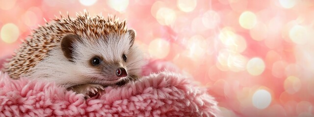 Wall Mural -  A hedgehog atop a pink blanket, before a pink and white bouquet of lights