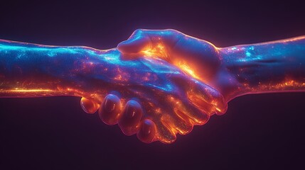 Poster - Hands join together, glowing with neon colors, representing partnership and mutual agreement in a creative, digital environment.