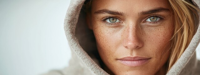  A woman with freckled hair and blue eyes gazes into the camera, donning a hoodie