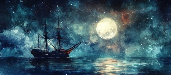 Wall Mural - Oil painting of a ship in the ocean at night featuring a full moon and stars complemented by a watercolor splash and hand drawn sketch illustration